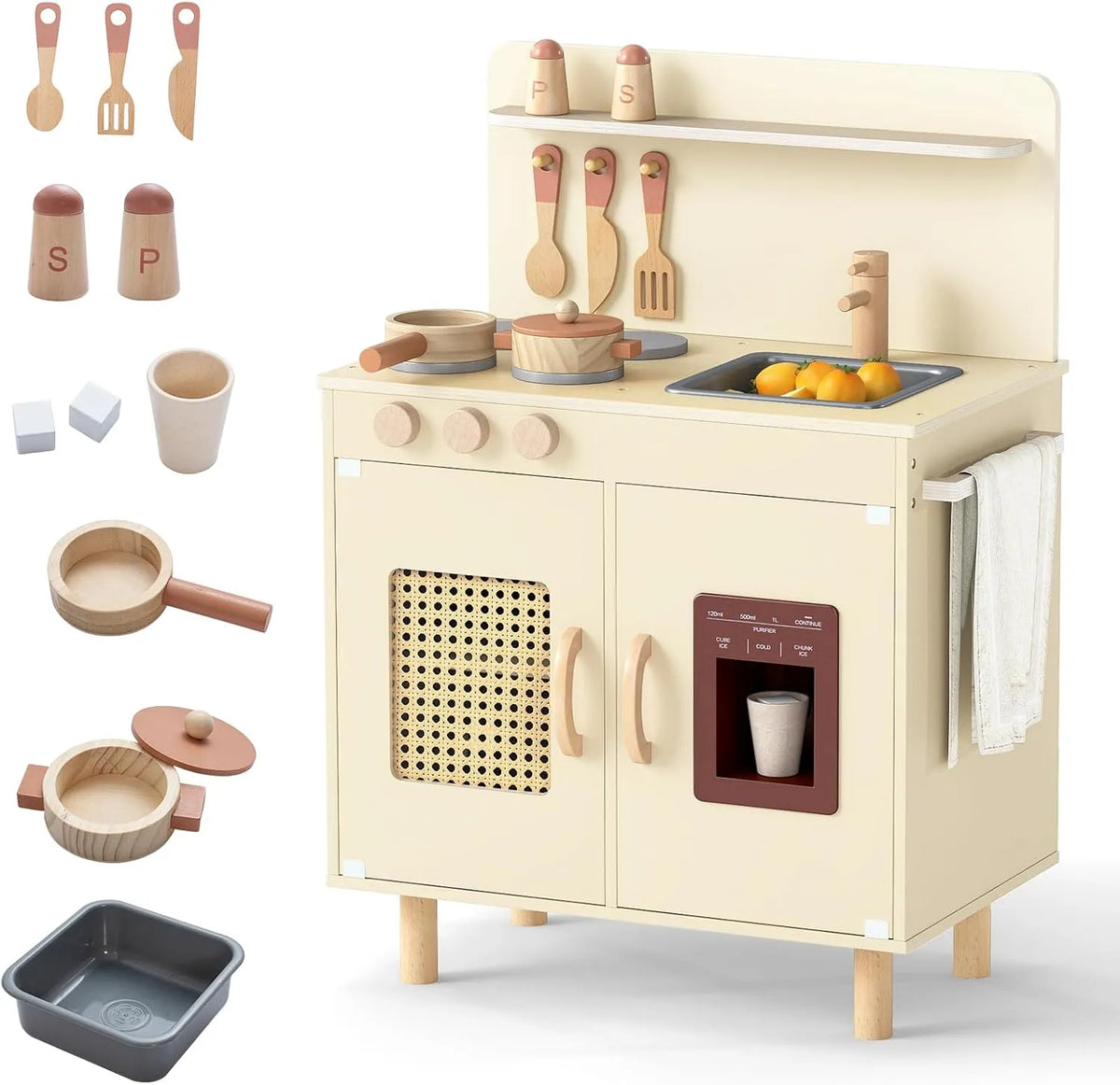 Cuisinière avec four, COSTWAY Cuisine Enfant en Bois avec Distributeur de Glace, Jeu d'Imitation pour 3 Ans+, 11 Accessoires, Étagères et Armoire et