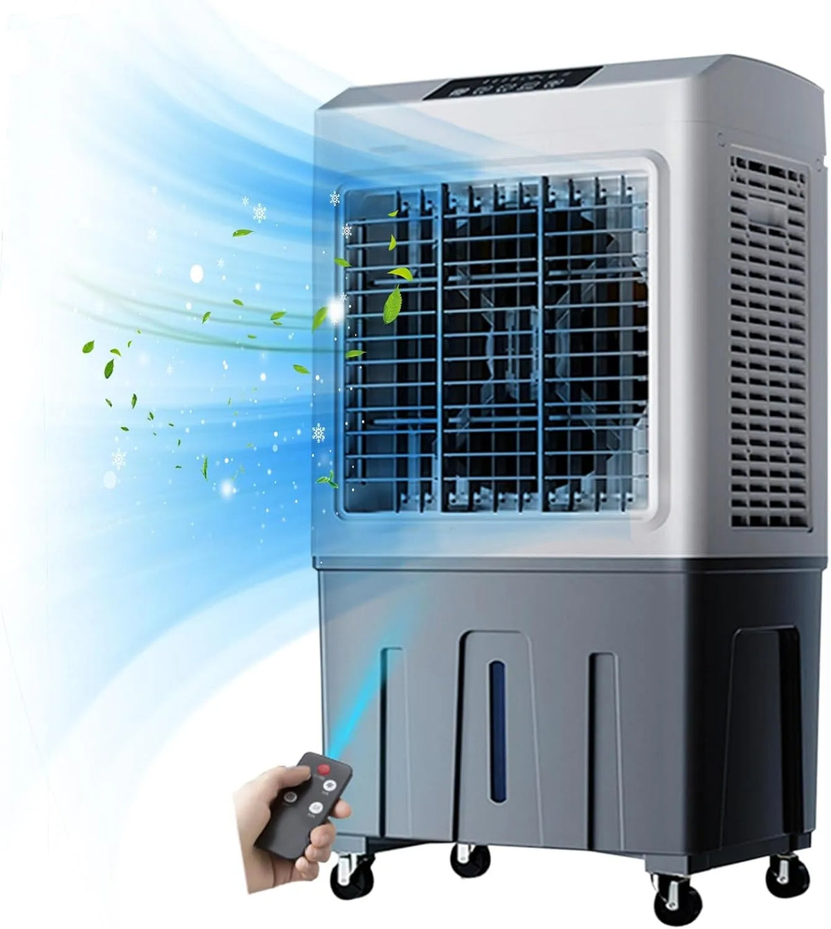 Produit réservoir d'eau de 60 l, Refroidisseur d'air par évaporation avec 4 roues universelles, oscillation à 120°, 3 vitesses de refroidissement