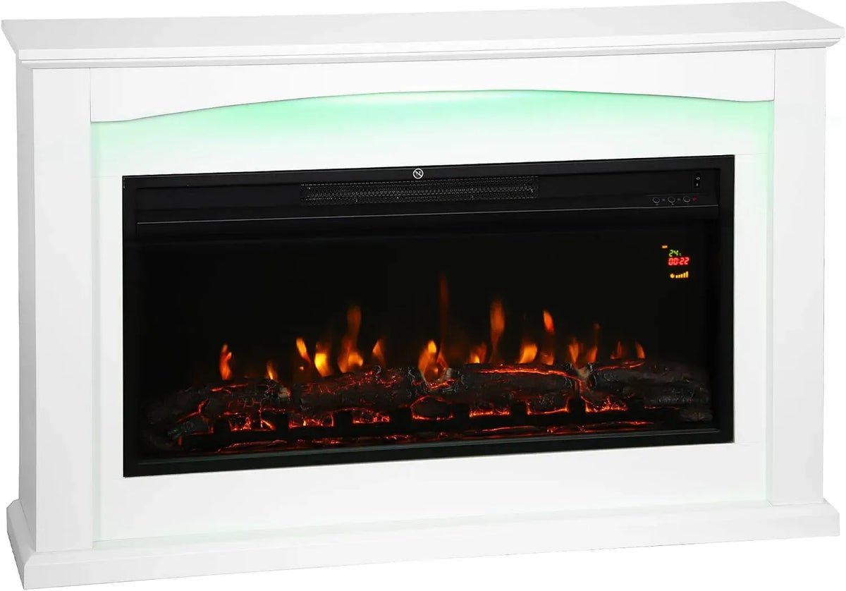 1000W/2000W Minuterie, Fausse Cheminée Décorative avec Manteau, Cheminée Électrique Effet Flamme 5 Luminosités Blanc, Jusqu'à 30 m², Thermostat