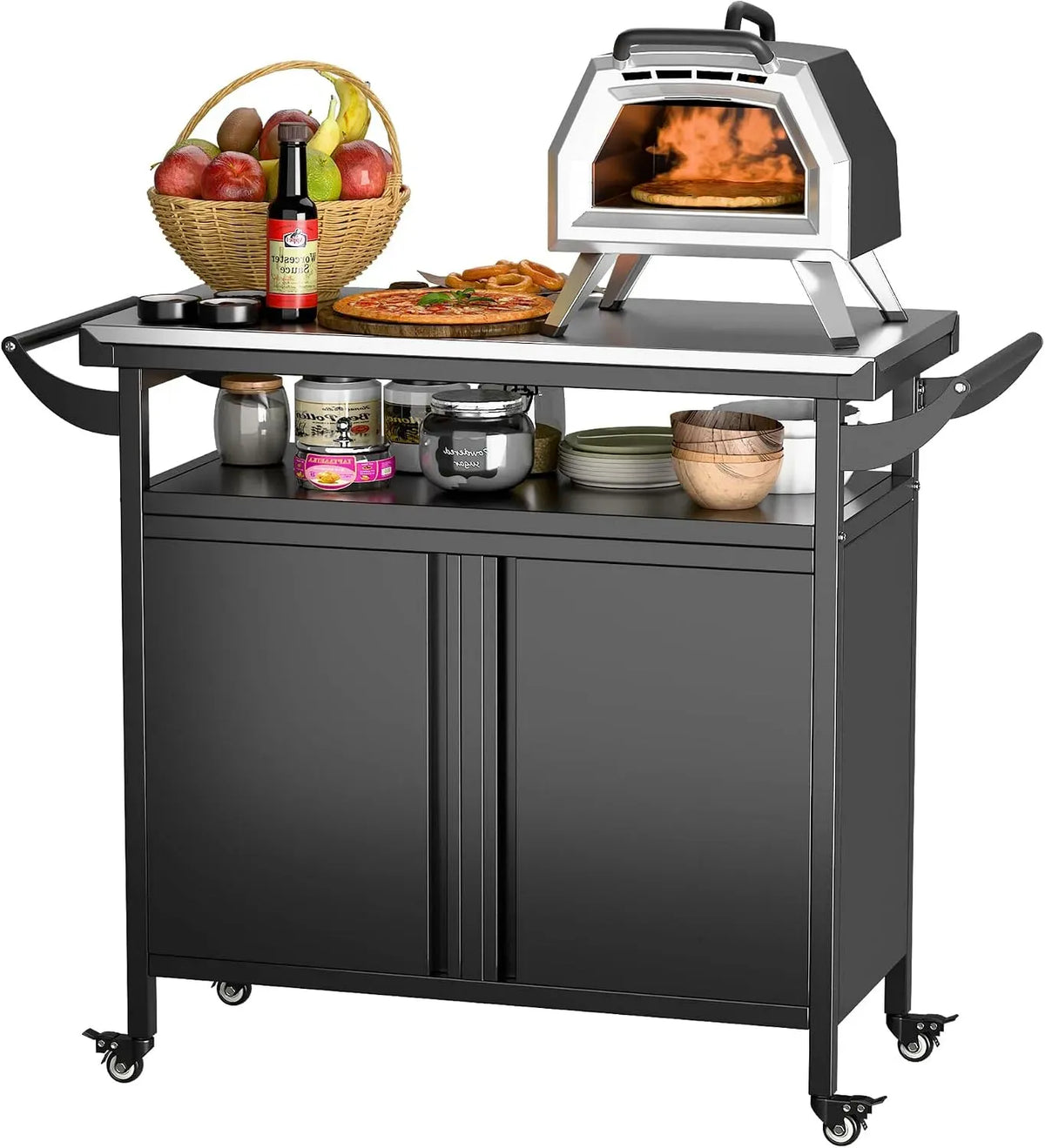 Barbecue, Chariot, Table, extérieur, roulettes de déplacement, pizza, acier inoxydable, pour barbecue, SUPEER