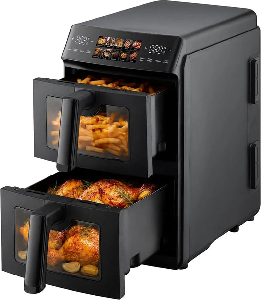 repas famille, fenêtre de visualisation, Just Perfecto Friteuse sans Huile 10L Double Bac Écran Tactile Noir, 2 bacs indépendants, cuisson sans huile