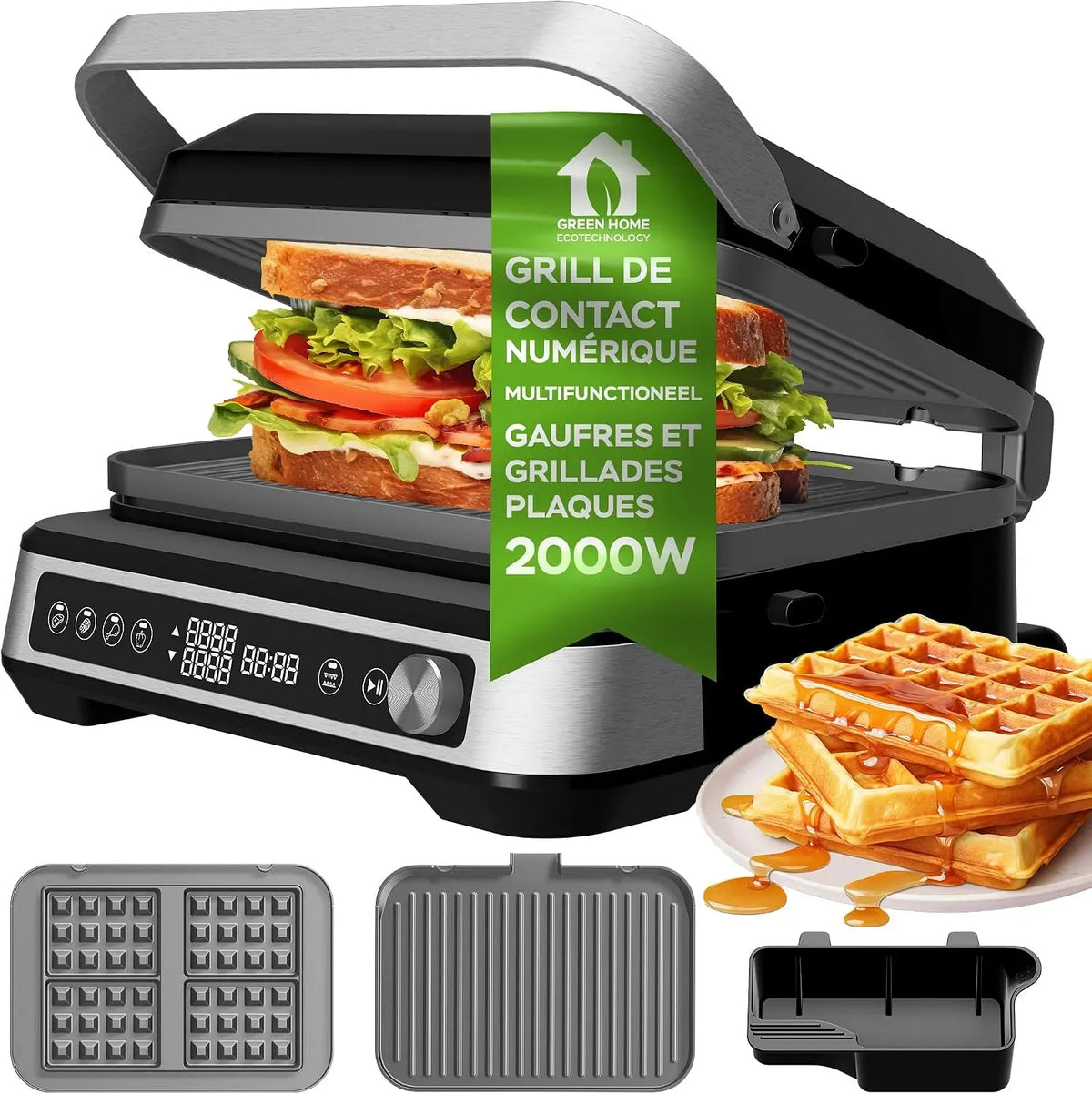 3-en-1 CG1W gril à panini et croque-monsieur, Appareil, gaufrier électrique, 2000 W, écran LCD, amovible, noir, Grill